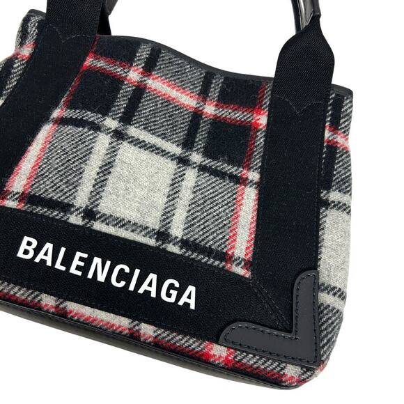 Balenciaga Red Gray Wool Plaid Cabas Convertible Small Tote - Picture 3 of 9